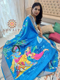 Hand-painted Radha Krishna Saree in pure tassar - Blue