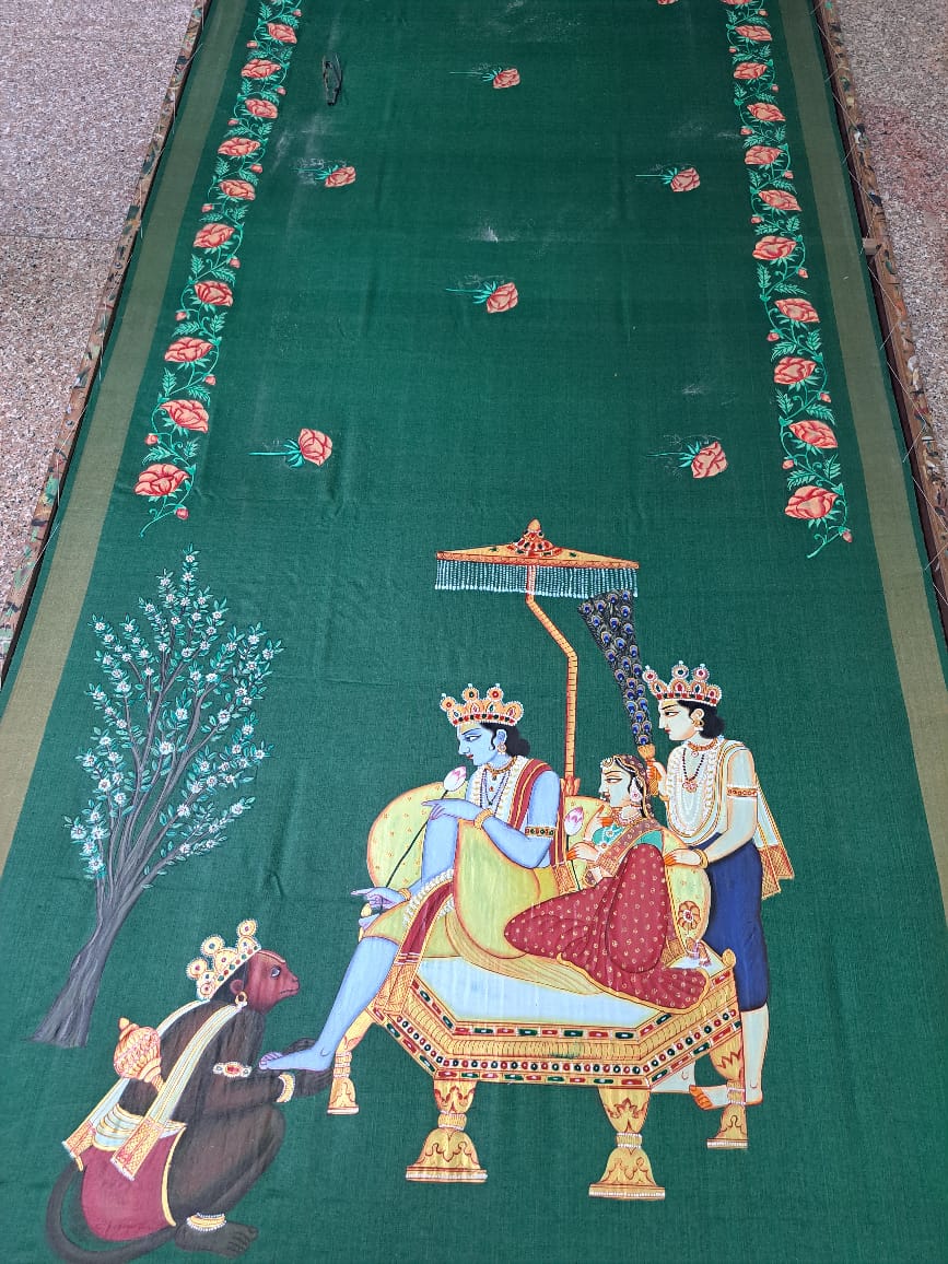 Pure Mulberry Silk Pichwai Ram Durbar Saree in bottle green