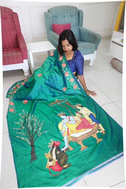 Pure Mulberry Silk Pichwai Ram Durbar Saree in bottle green.