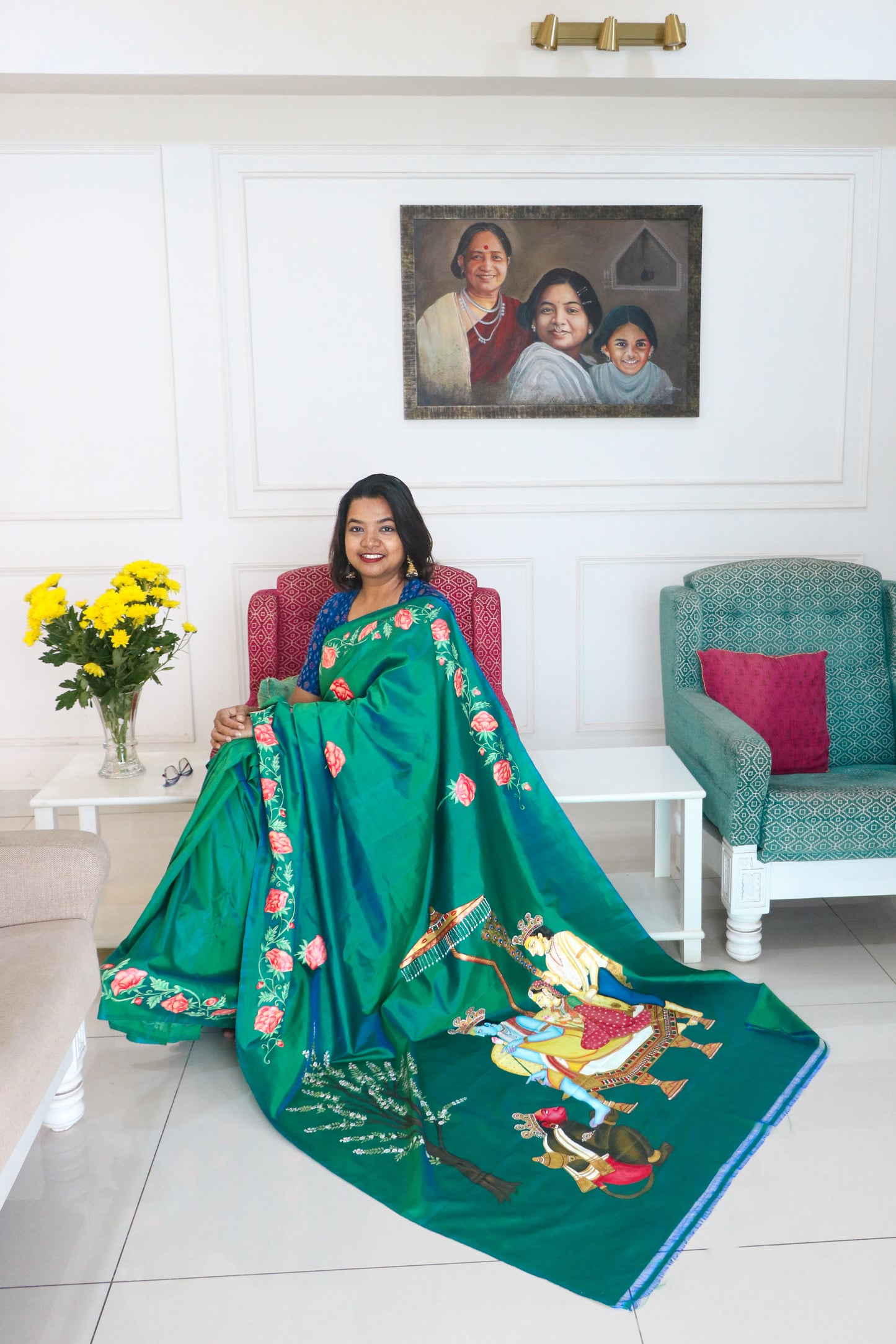 Pure Mulberry Silk Pichwai Ram Durbar Saree in bottle green.