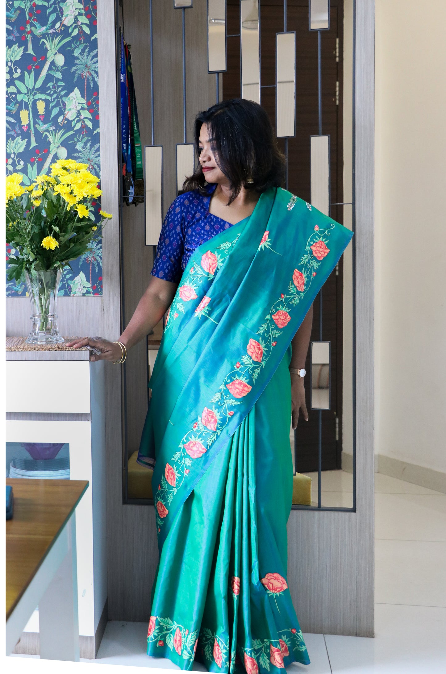 Pure Mulberry Silk Pichwai Ram Durbar Saree in bottle green.