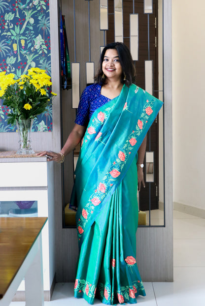 Pure Mulberry Silk Pichwai Ram Durbar Saree in bottle green.