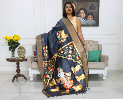 Pure Tassar Silk Pichwai Saree Krishna & his cows