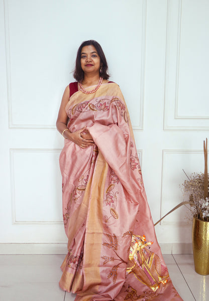 Pure Tassar Silk Pichwai Saree Radha Krishna - Coffee pink