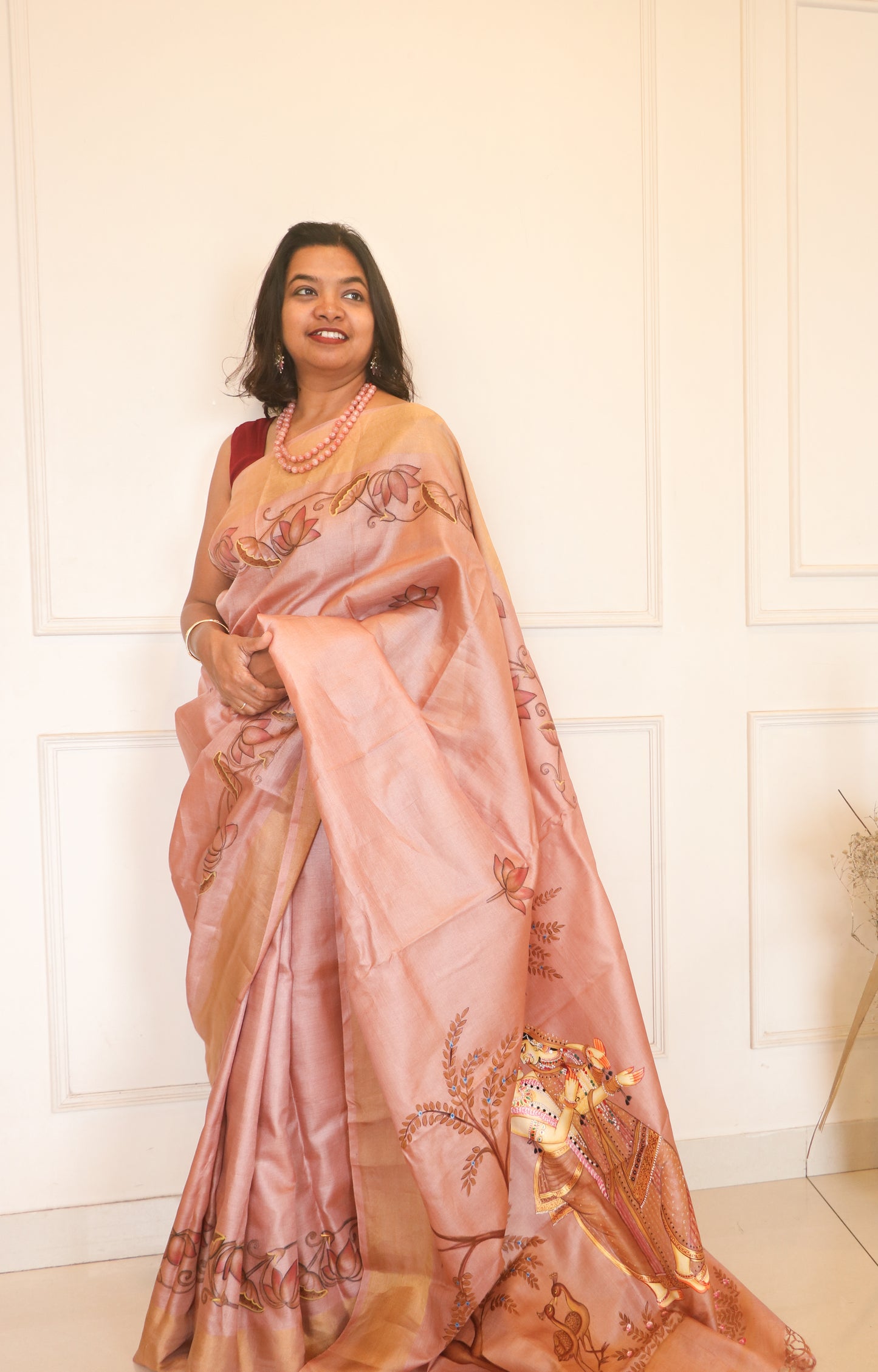 Pure Tassar Silk Pichwai Saree Radha Krishna - Coffee pink