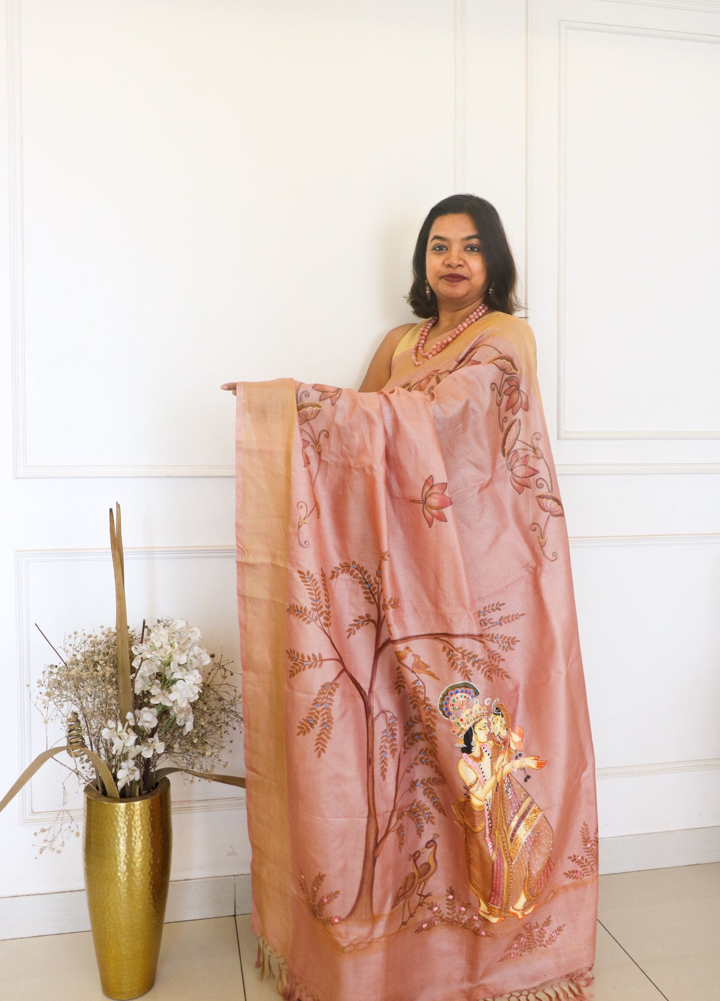 Pure Tassar Silk Pichwai Saree Radha Krishna - Coffee pink