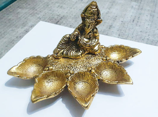 Advaita Handicrafts White Metal Pooja 5 diya Ganesha