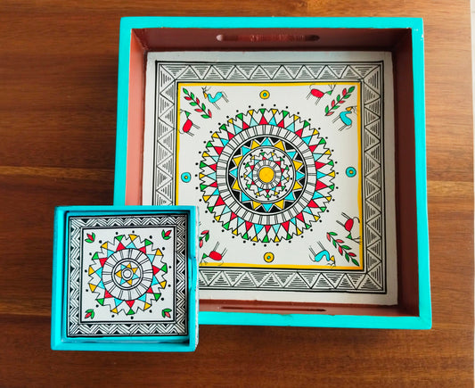 Hand Painted Blue Tribal Tray & Coaster set