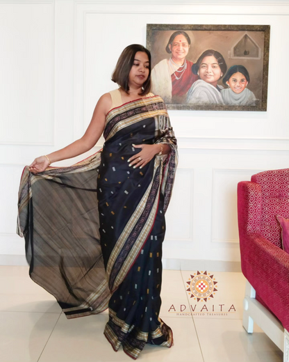 Bomkai Mulberry Silk Saree - Black.