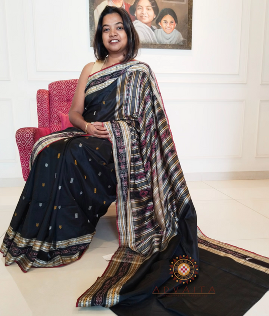 Bomkai Mulberry Silk Saree - Black