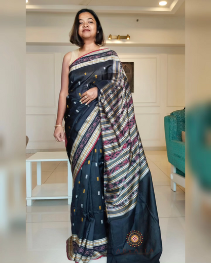 Bomkai Mulberry Silk Saree - Black.