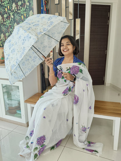 LILAC - Handpainted Floral Organza Saree - White