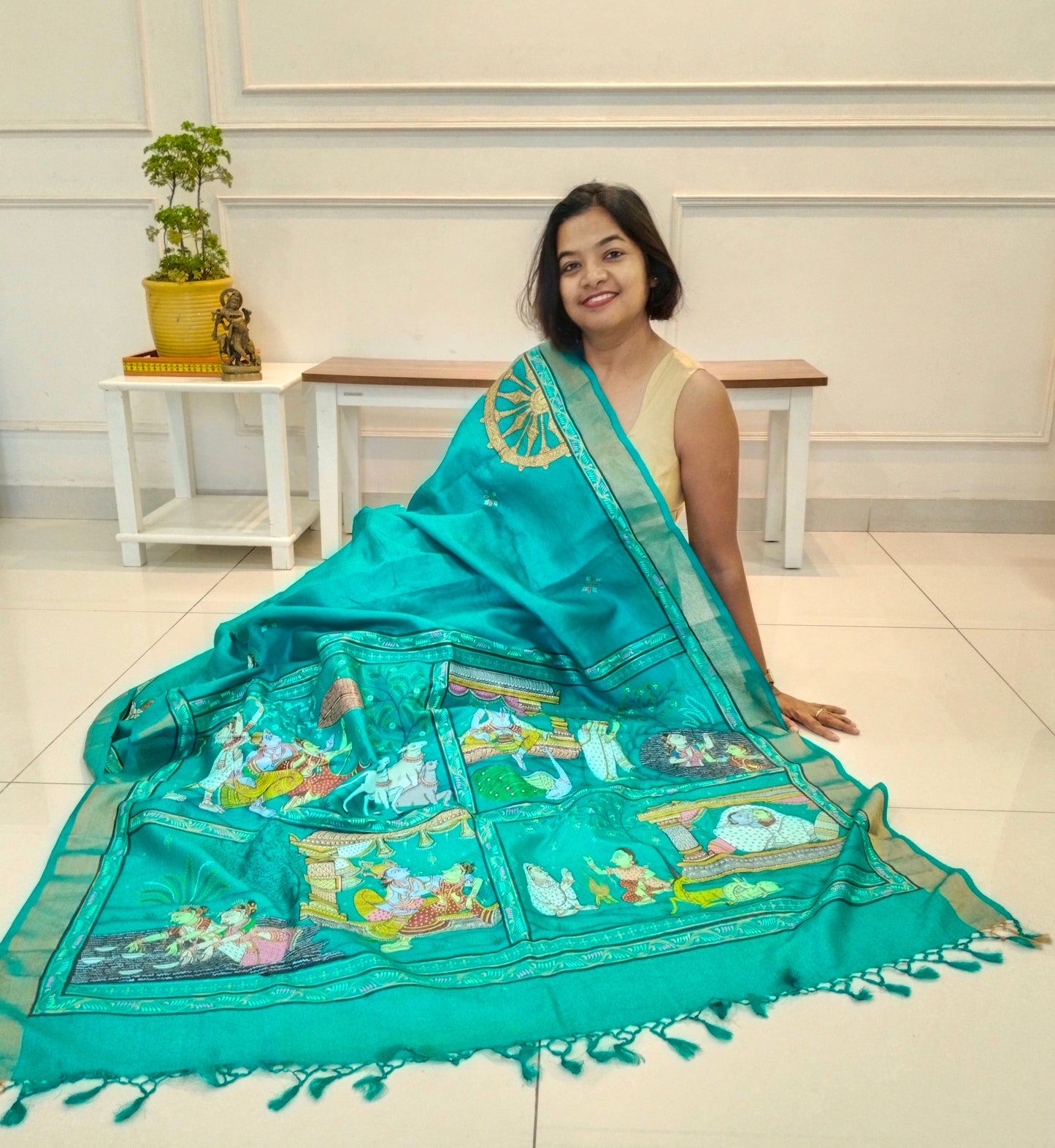 Pure Silk Hand-painted Patachitra Saree - Krishna Seasons