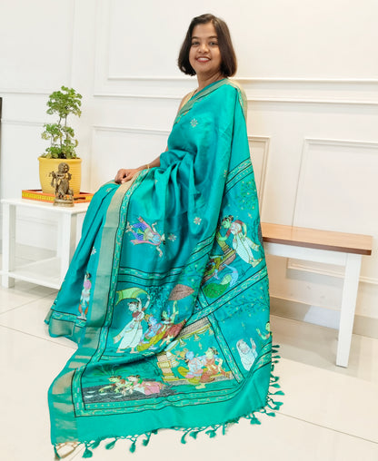 Pure Silk Hand-painted Patachitra Saree - Krishna Seasons