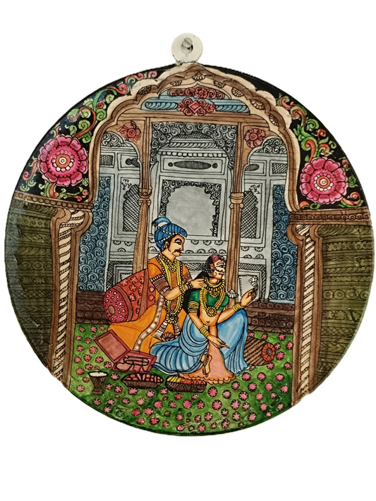 Rajasthani Hand-Painted Leather Wall Plate - King & Queen