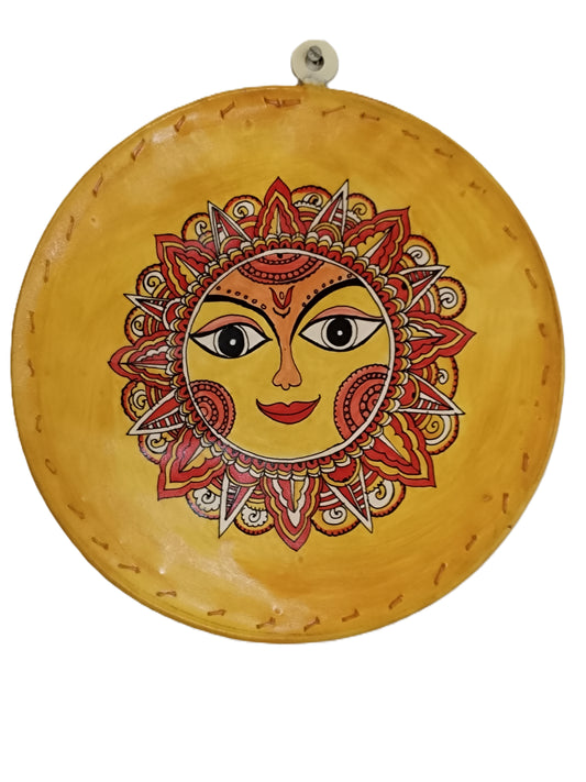 Madhubani Sun Hand-Painted Leather Wall Plate/ plaque