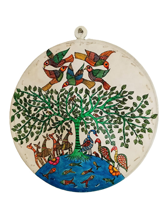 Gond Art Hand-Painted Leather Wall Plate - Tree birds