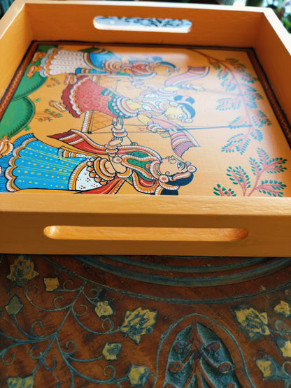 Hand Painted Wood Serving Tray in Pattachitra folk art - Colours -Yellow, Orange & Blue.