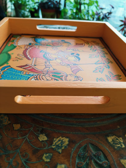 Hand Painted Wood Serving Tray in Pattachitra folk art - Colours -Yellow, Orange & Blue.