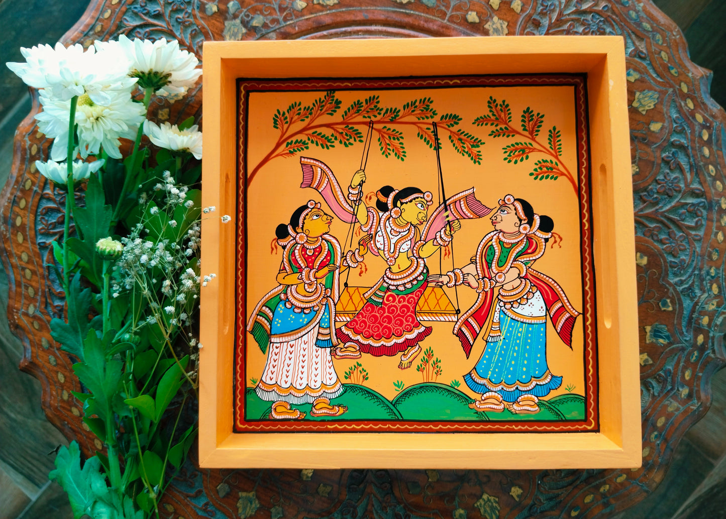 Hand Painted Wood Serving Tray in Pattachitra folk art - Colours -Yellow, Orange & Blue.