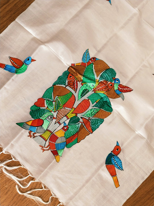 Handpainted mulberry silk stole - Tree of Life Gond