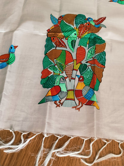 Handpainted mulberry silk stole - Tree of Life Gond