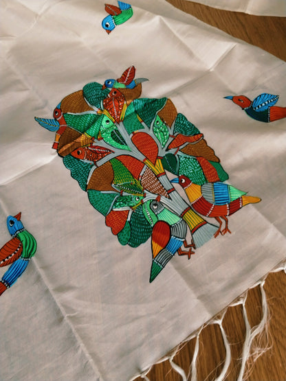 Handpainted mulberry silk stole - Tree of Life Gond