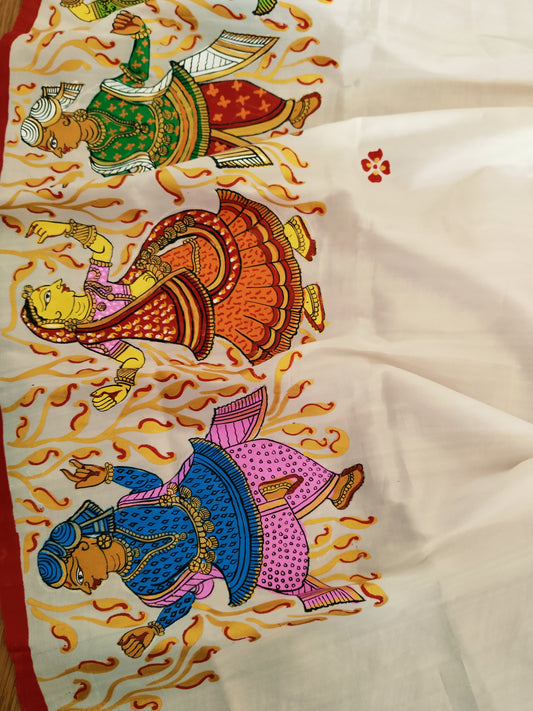 Handpainted Pathachitra Folk Dance white mulberry silk dupatta