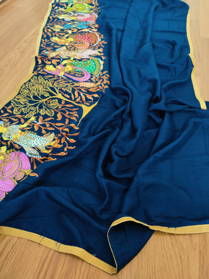 Hand painted Pathachitra Folk Dance Mulberry Silk Dupatta (Blue Colour).