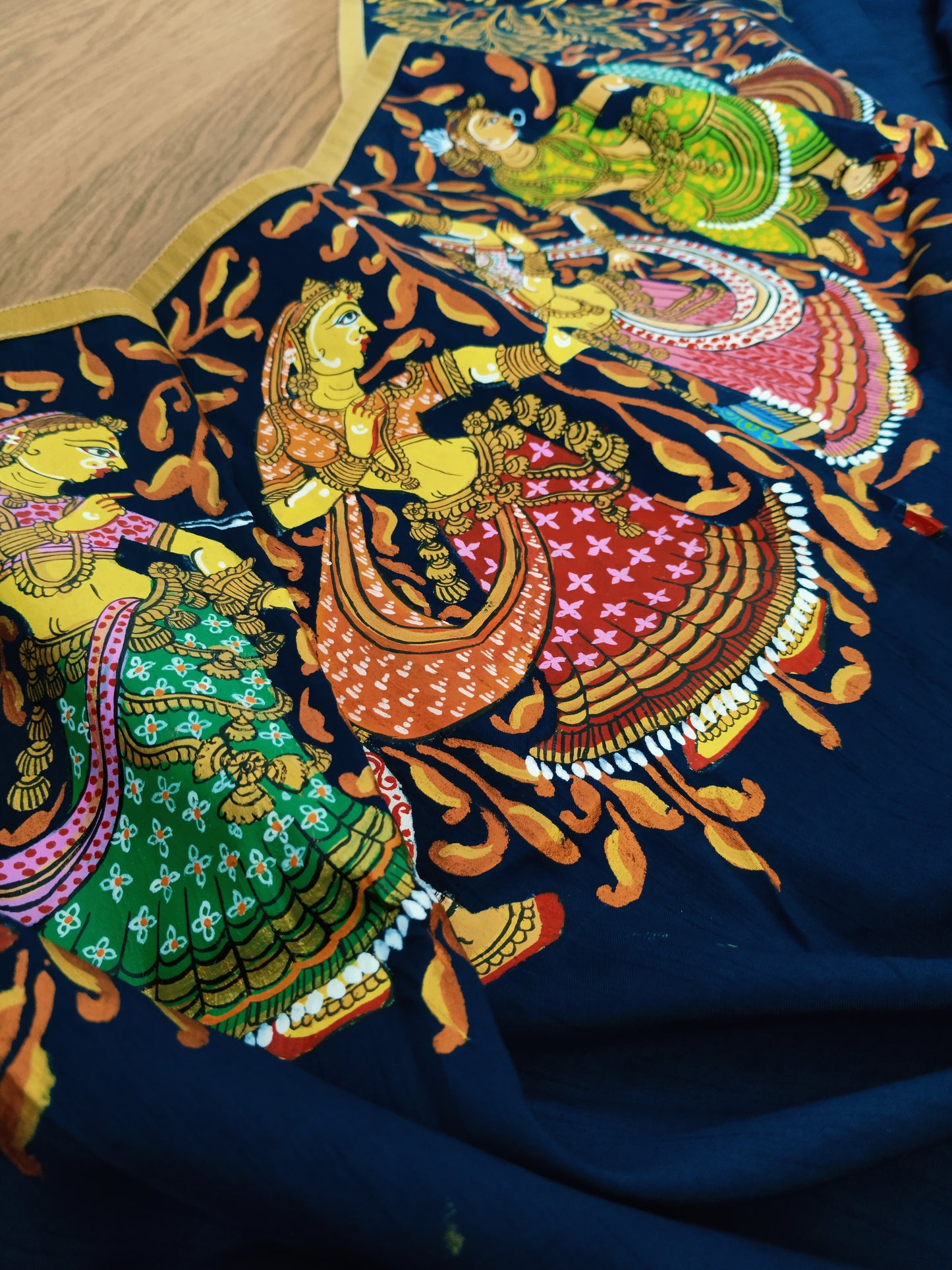 Hand painted Pathachitra Folk Dance Mulberry Silk Dupatta (Blue Colour).