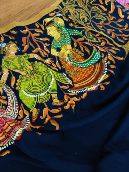 Hand painted Pathachitra Folk Dance Mulberry Silk Dupatta (Blue Colour).