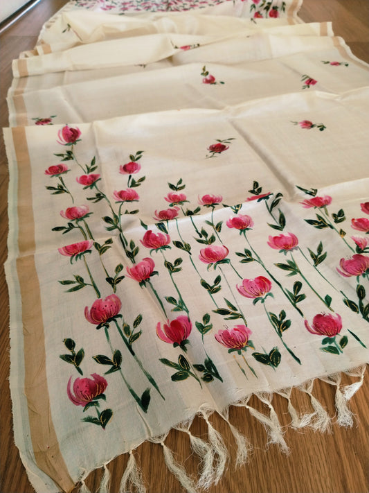 Handpainted Tassar Silk Floral Dupatta - Pink cosmos flowers