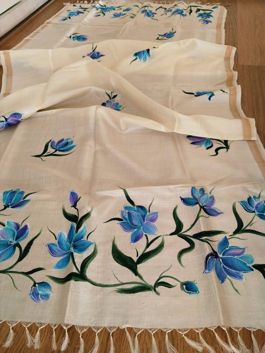 Handpainted Tassar Silk blue Floral Dupatta - Blue lotus