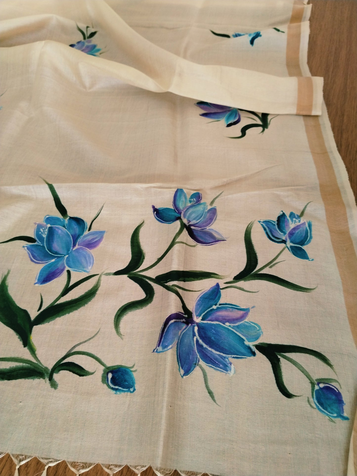 Handpainted Tassar Silk blue Floral Dupatta - Blue lotus