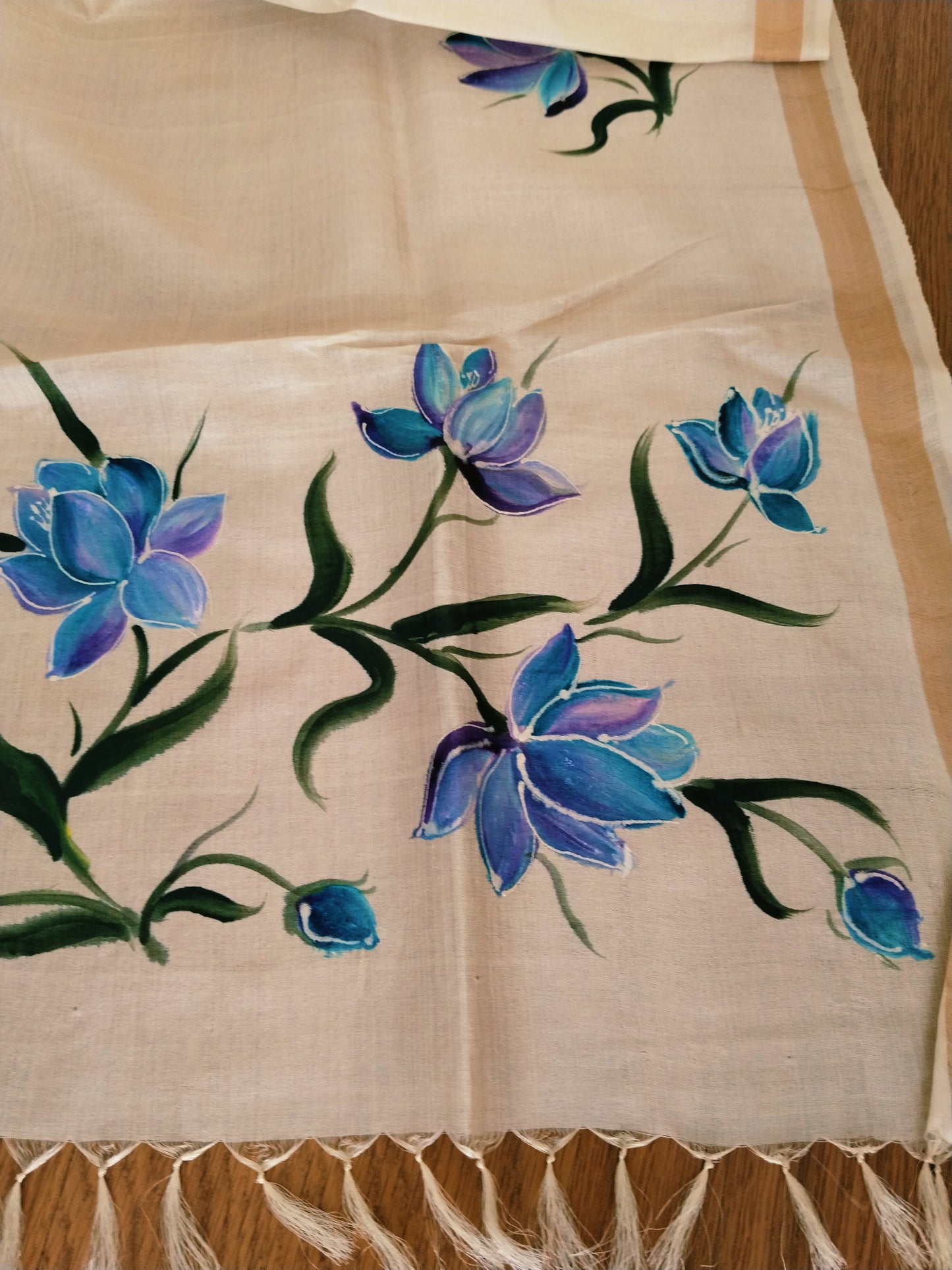 Handpainted Tassar Silk blue Floral Dupatta - Blue lotus