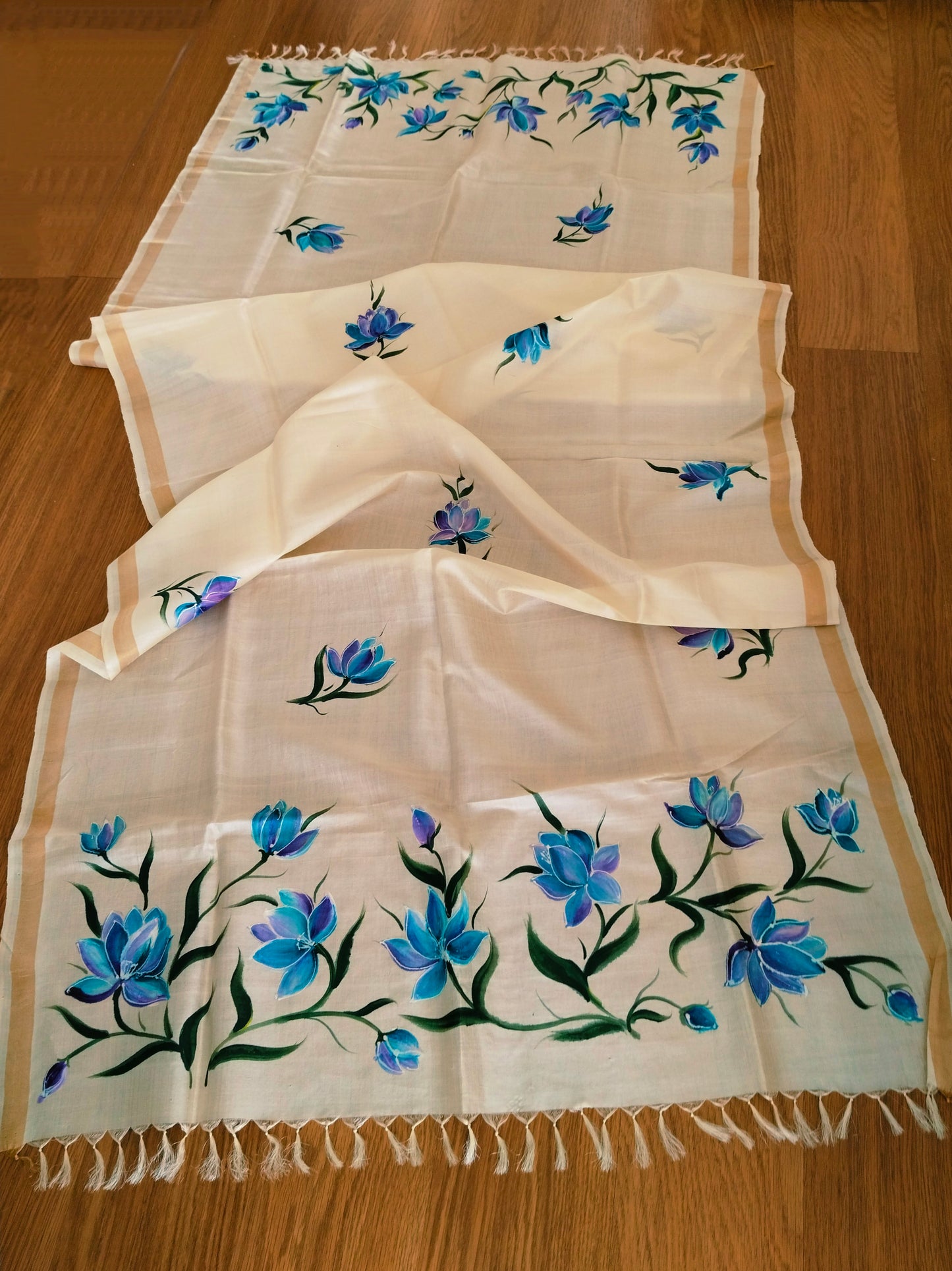 Handpainted Tassar Silk blue Floral Dupatta - Blue lotus