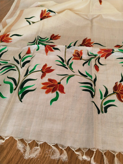 Handpainted Tassar Silk Dupatta - blackberry lily - Orange