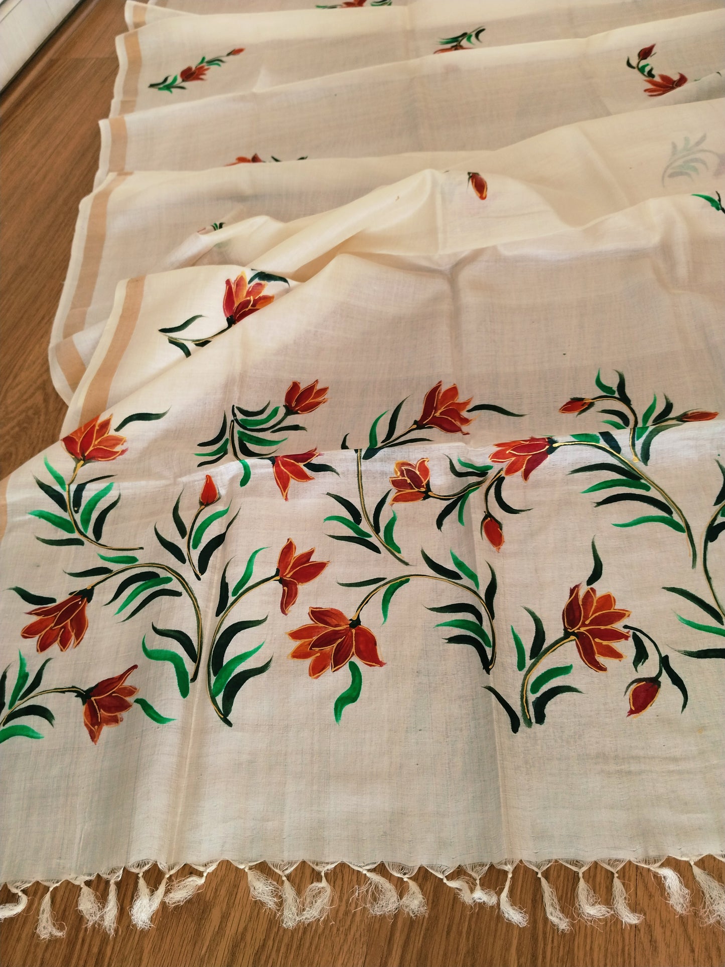 Handpainted Tassar Silk Dupatta - blackberry lily - Orange