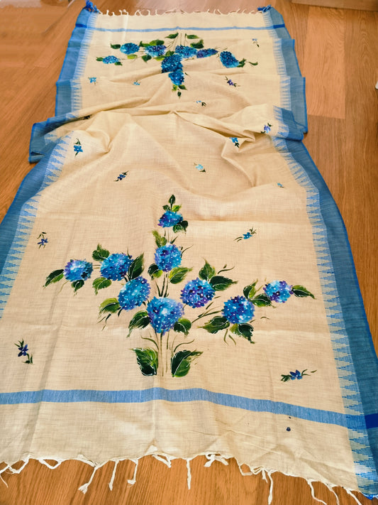 Handpainted Cotton Blue Lilac Flower Dupatta