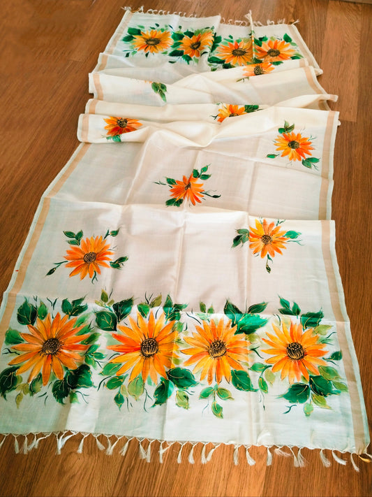 Handpainted Tassar Silk Floral Dupatta - Sunflower