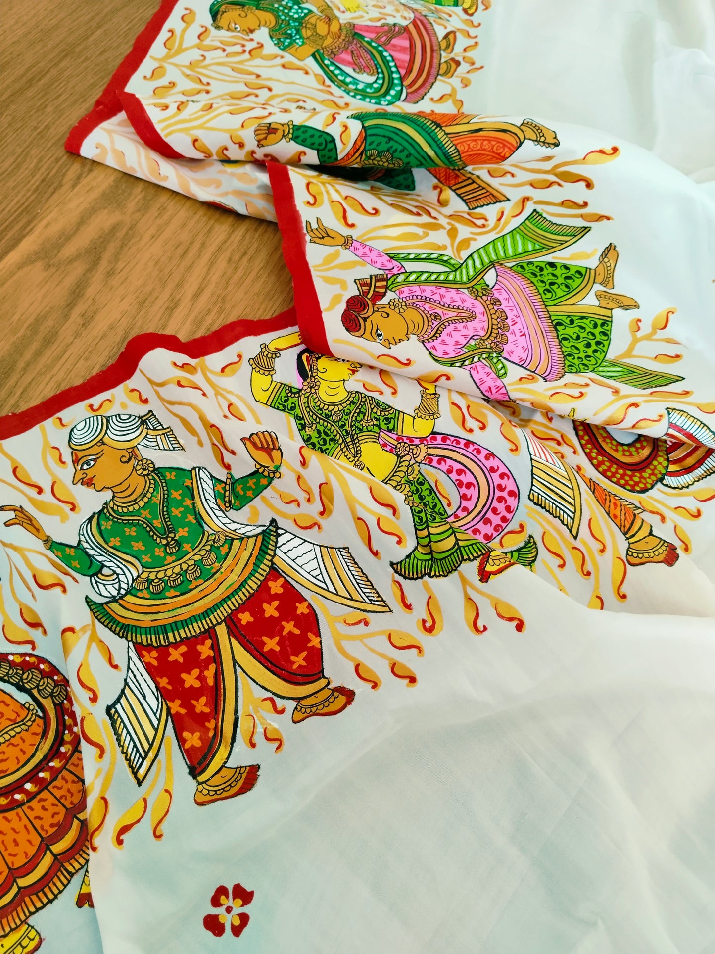 Handpainted Pathachitra Folk Dance white mulberry silk dupatta