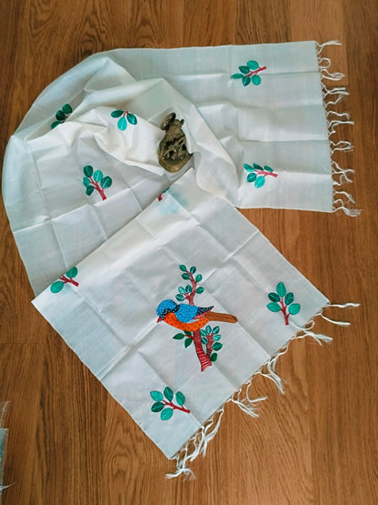 Hand-painted mulberry silk stole - Multi coloured Bird of paradise (Gond)