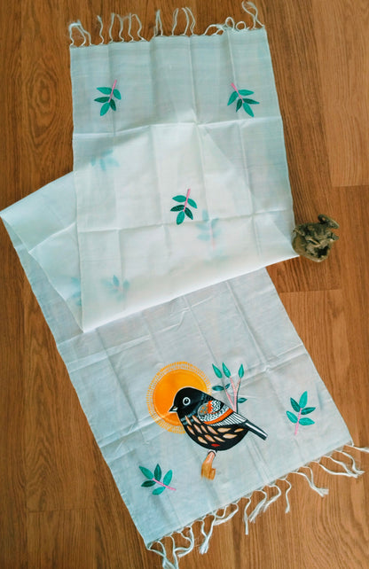 Handpainted Mulberry Silk Stole - Black Bird