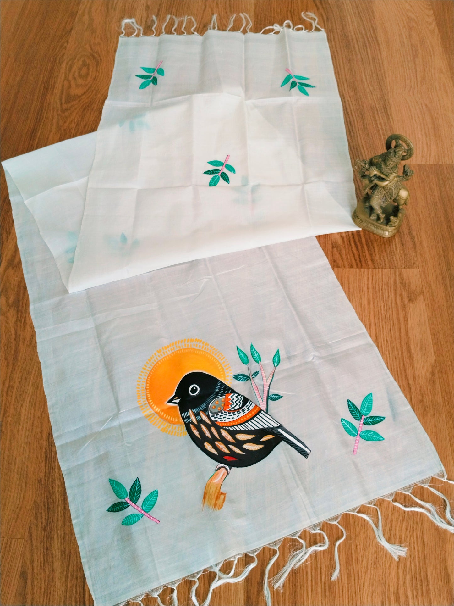 Handpainted Mulberry Silk Stole - Black Bird