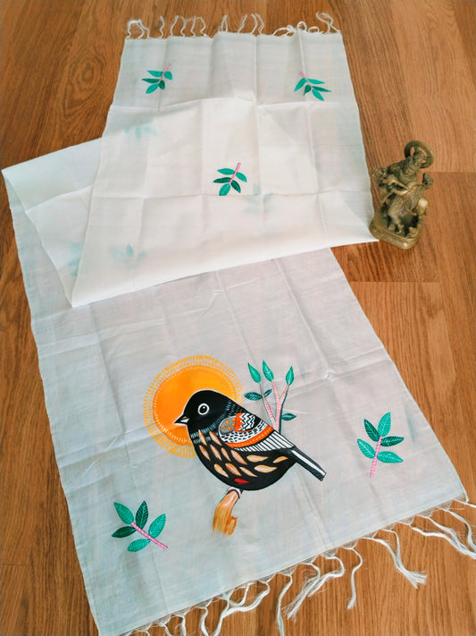 Handpainted Mulberry Silk Stole - Black Bird