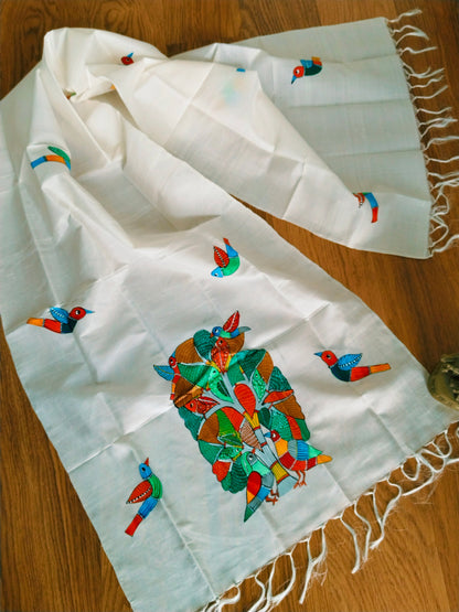 Handpainted mulberry silk stole - Tree of Life Gond