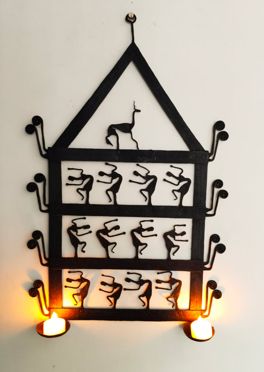 Single Panel wrought iron laman diya - Tribal Dancing Women & Deer (2 Candles)