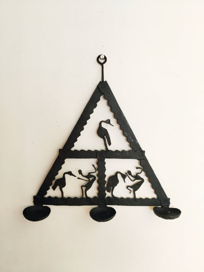 Single Panel wrought iron laman diya - Triangle - T - 3 Candles