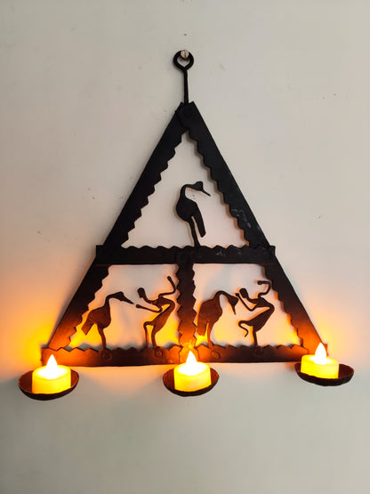 Single Panel wrought iron laman diya - Triangle - T - 3 Candles