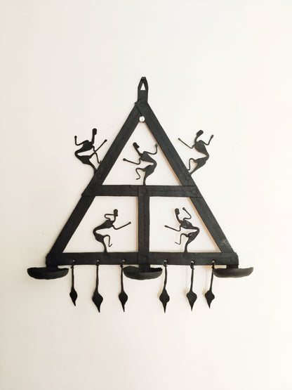 Single Panel wrought iron laman diya - Triangle -T- 3 Candles (Tribal Dancing Women)